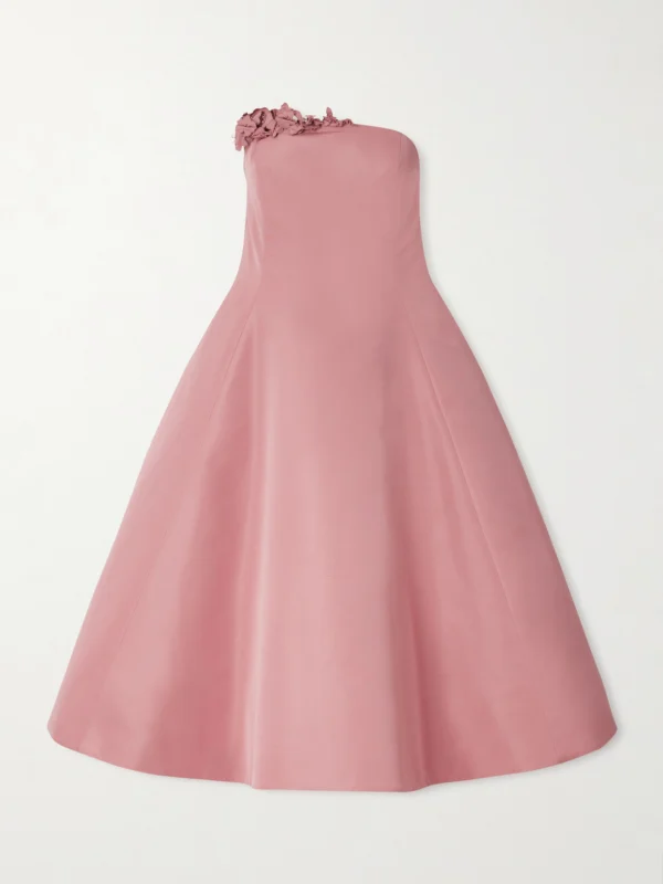 Oscar de la Renta Strapless Embellished Appliquéd Faille Midi Dress