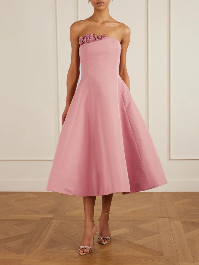 Oscar de la Renta Strapless Embellished Appliquéd Faille Midi Dress
