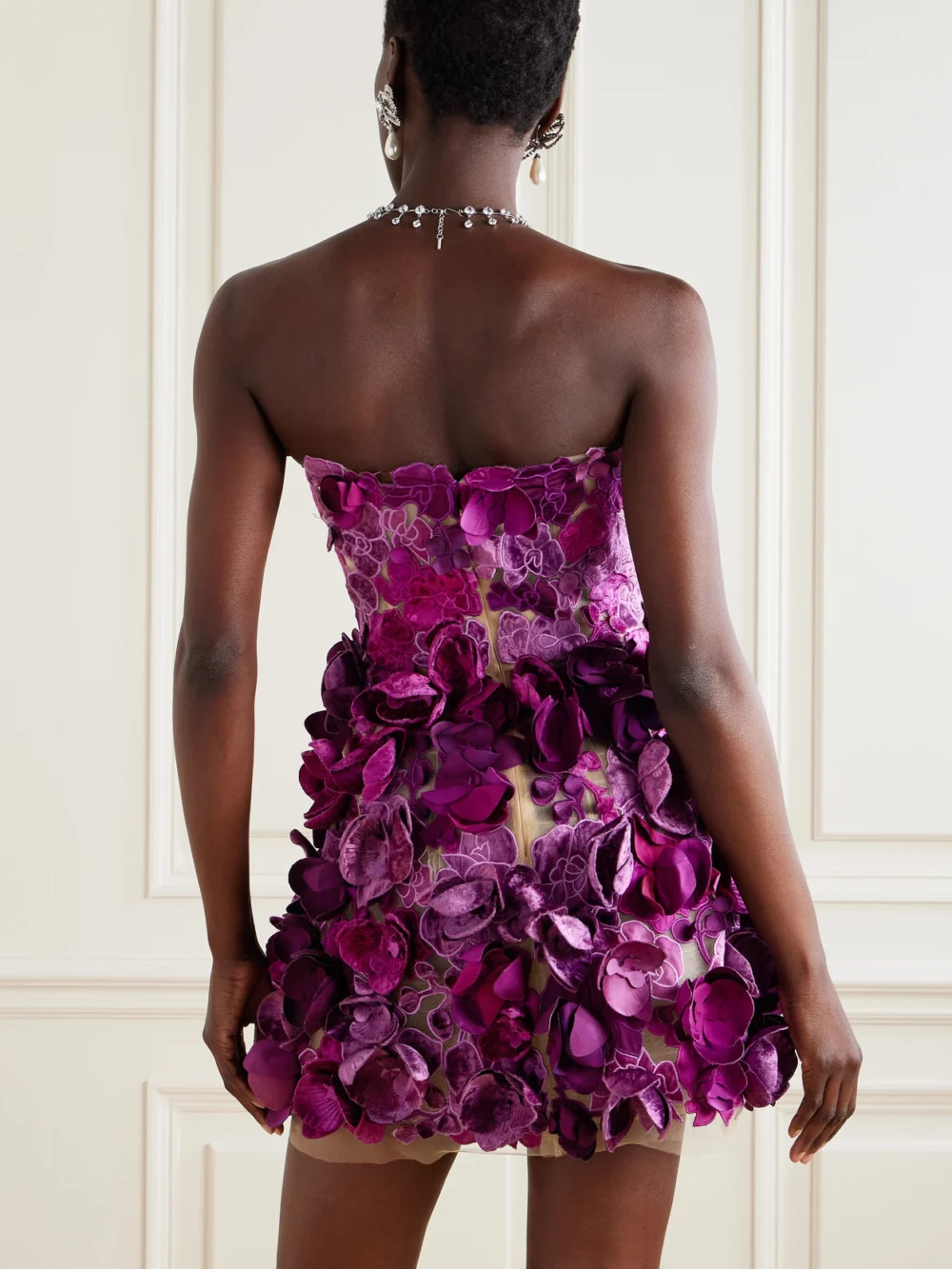 Back view of the Oscar de la Renta Strapless Floral-appliquéd Mesh Mini Dress