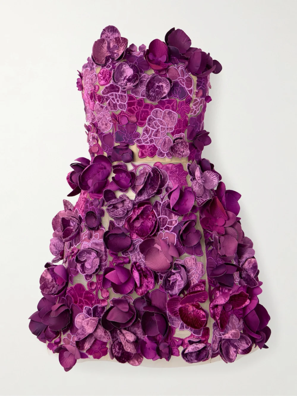 Oscar de la Renta Strapless Floral-appliquéd Mesh Mini Dress in plum