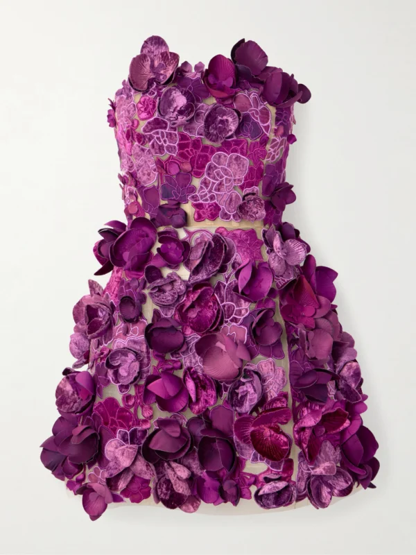 Oscar de la Renta Strapless Floral-appliquéd Mesh Mini Dress