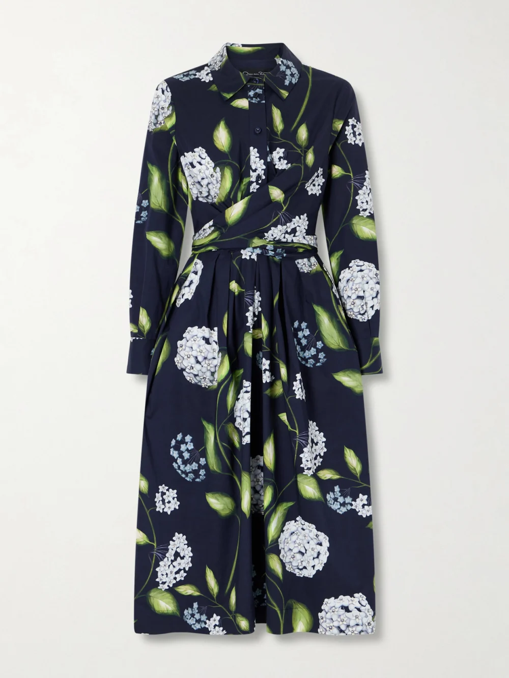 Oscar de la Renta Wrap-effect Floral-print Cotton-blend Poplin Shirt Dress in navy