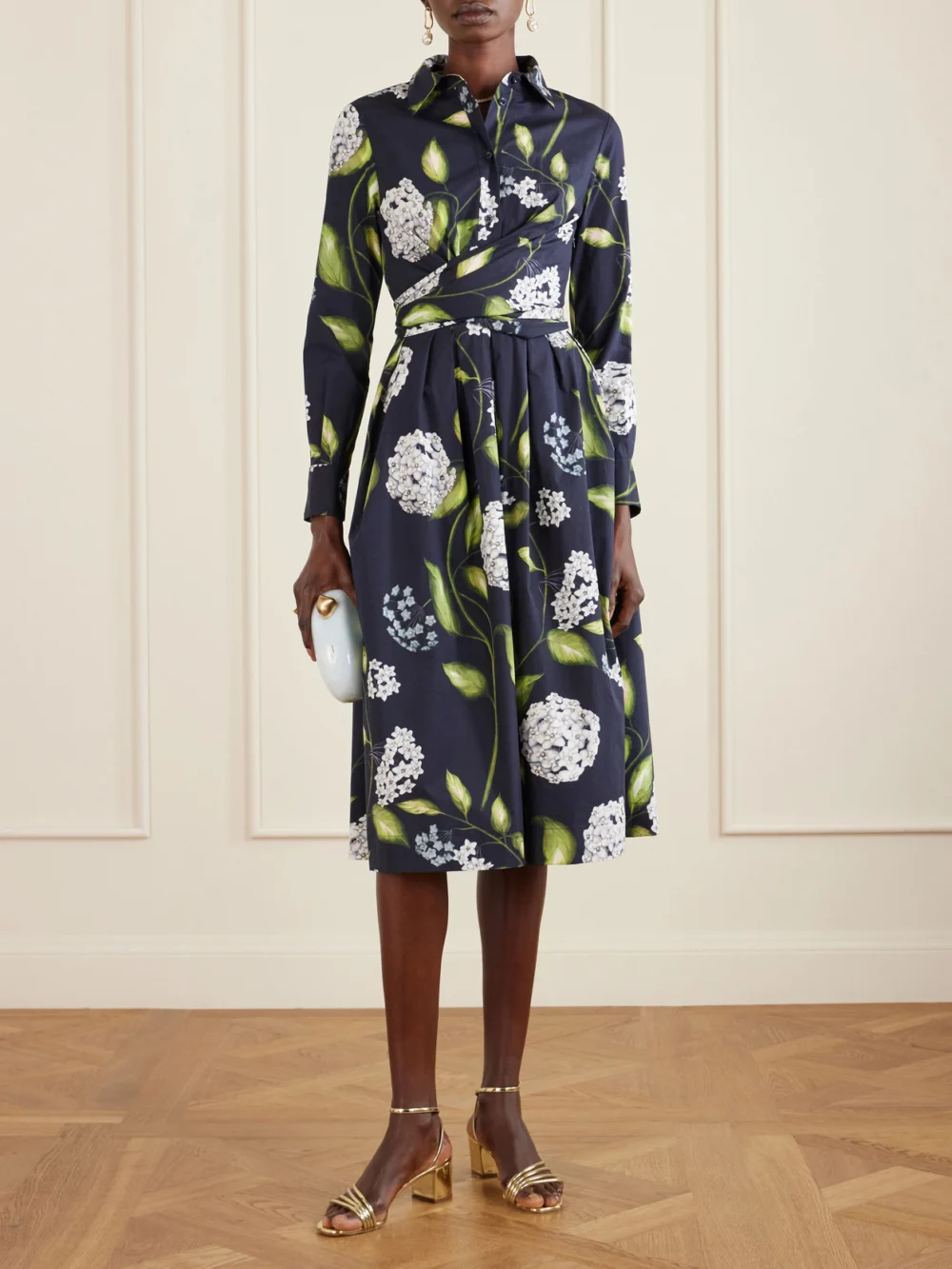 Oscar de la Renta Wrap-effect Floral-print Cotton-blend Poplin Shirt Dress, worn by a model