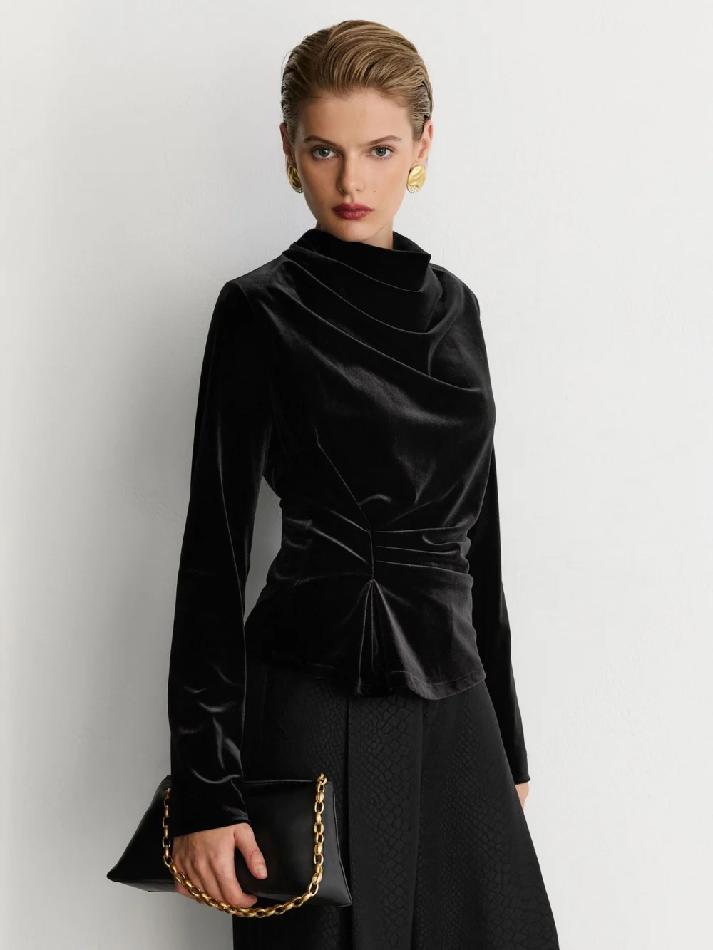 PAIGE Black Velvet Cowl-neck Long-sleeve Top, view 3
