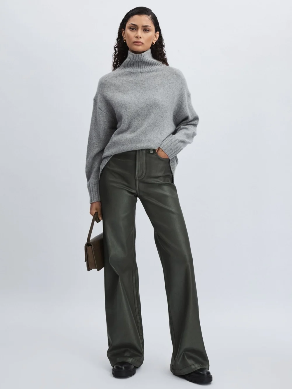 PAIGE Paige Dark Green Leather-look Wide-leg Jeans