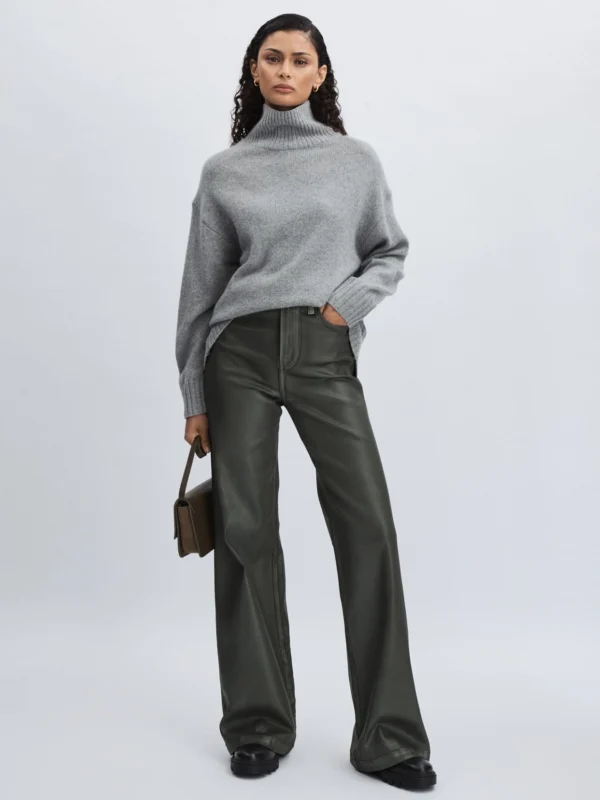 PAIGE Paige Dark Green Leather-look Wide-leg Jeans