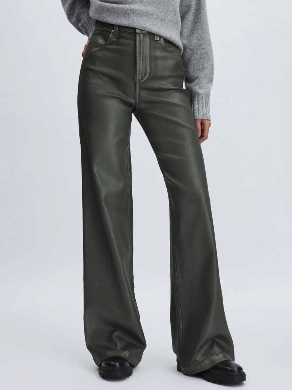 PAIGE Paige Dark Green Leather-look Wide-leg Jeans, view 3