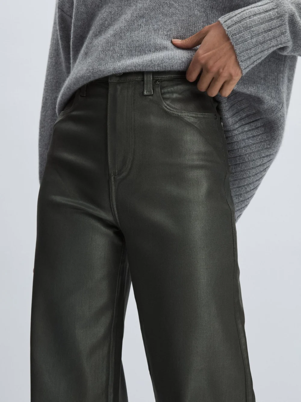 PAIGE Paige Dark Green Leather-look Wide-leg Jeans, view 4