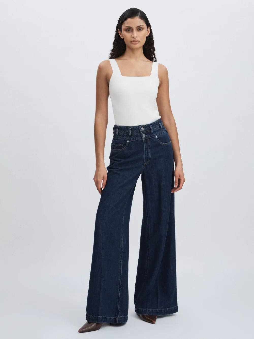 PAIGE Paige Navy Blue Waistband Wide-leg Jeans