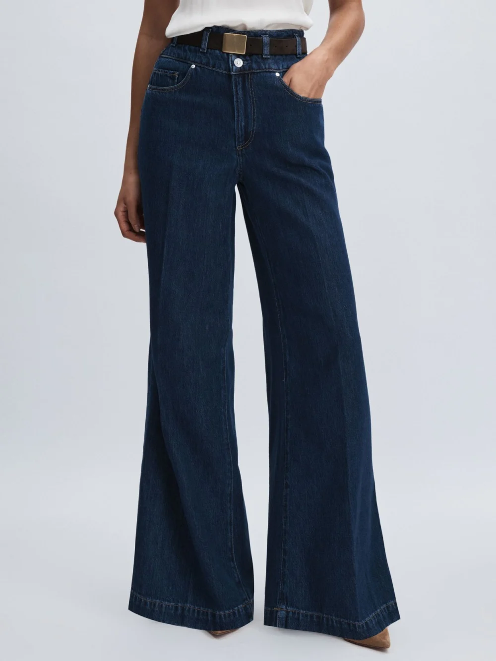 PAIGE Paige Navy Blue Waistband Wide-leg Jeans, view 3