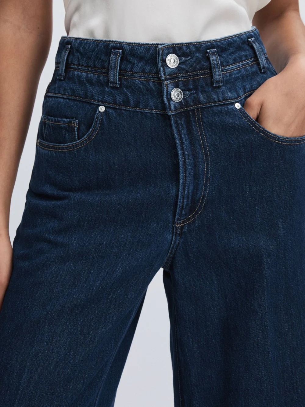 PAIGE Paige Navy Blue Waistband Wide-leg Jeans, view 4