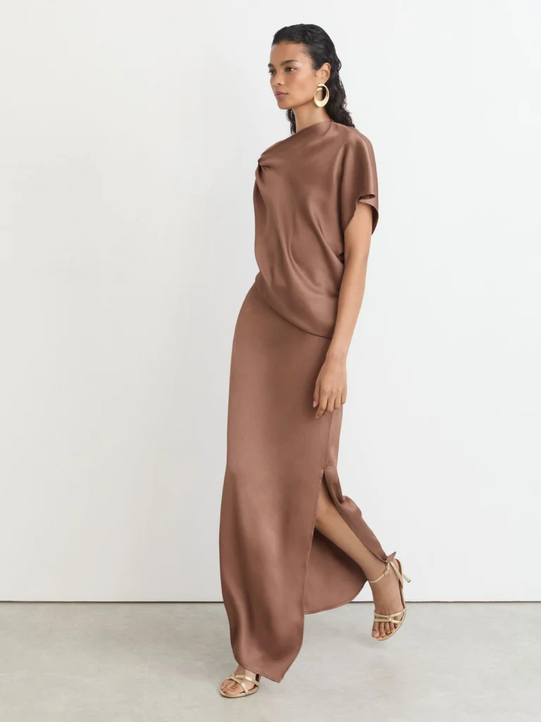 PAIGE Taupe Brown Satin Asymmetric Draped Maxi Dress