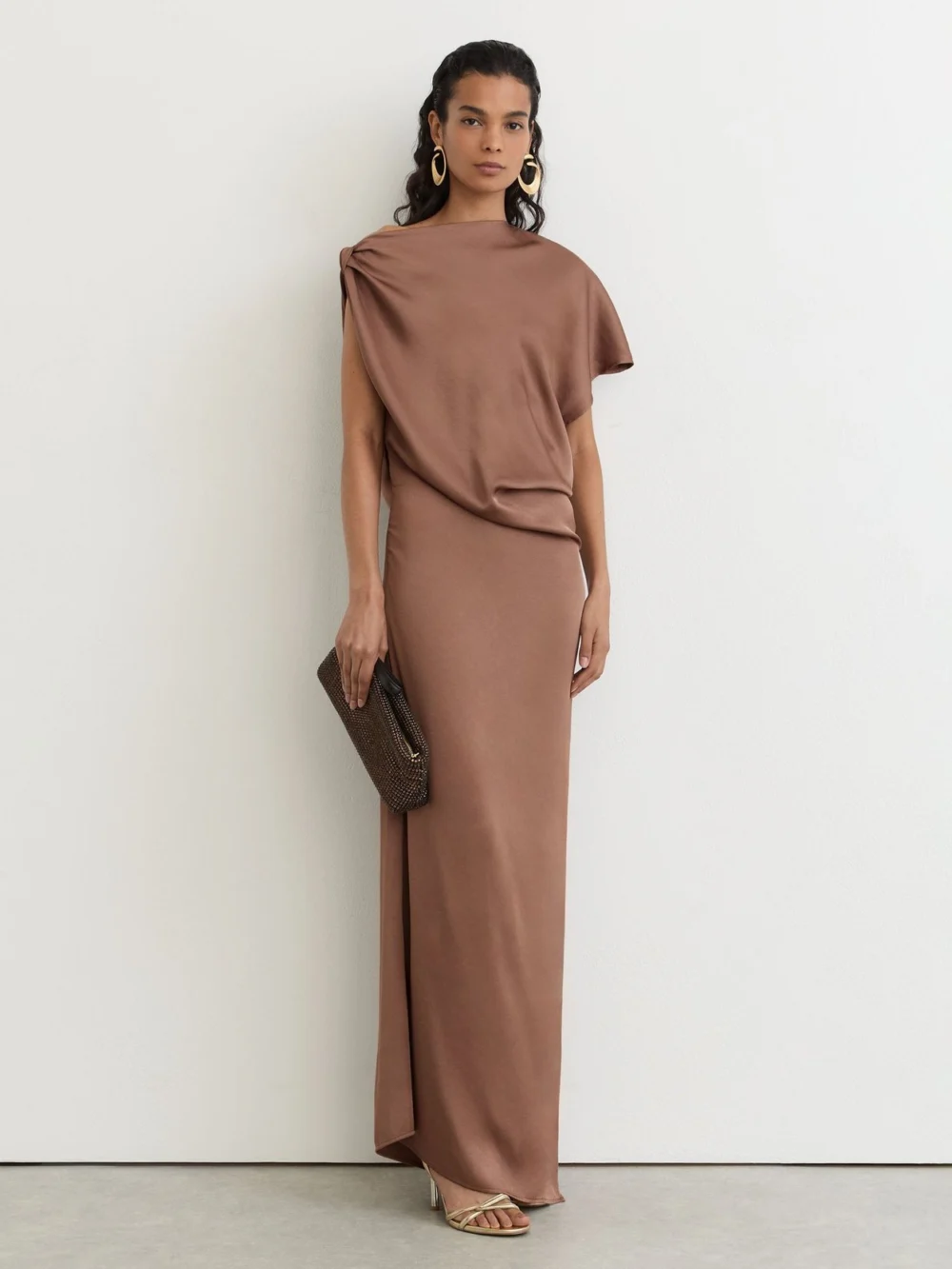 PAIGE Taupe Brown Satin Asymmetric Draped Maxi Dress, view 3