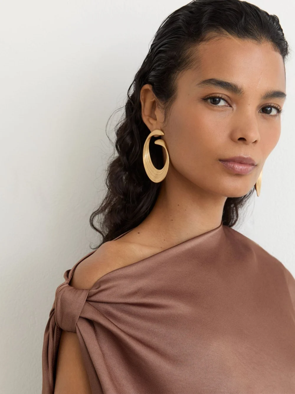 PAIGE Taupe Brown Satin Asymmetric Draped Maxi Dress, view 4