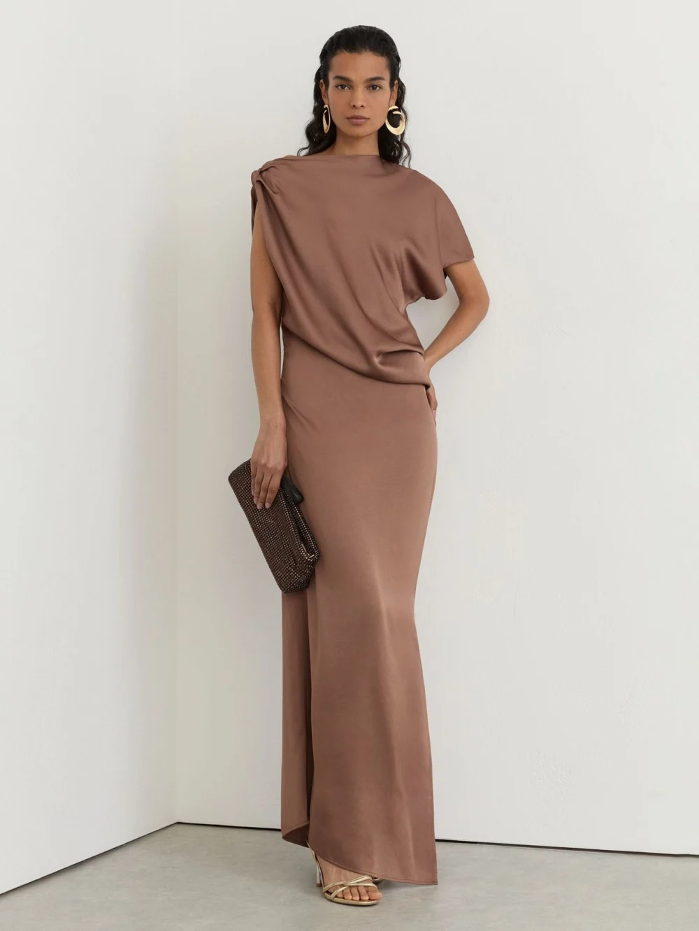 PAIGE Taupe Brown Satin Asymmetric Draped Maxi Dress, view 5
