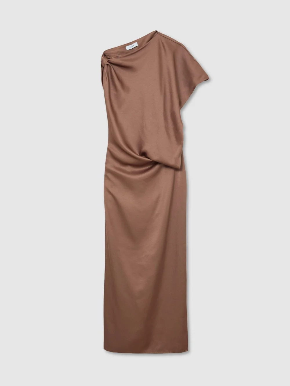 PAIGE Taupe Brown Satin Asymmetric Draped Maxi Dress, view 6