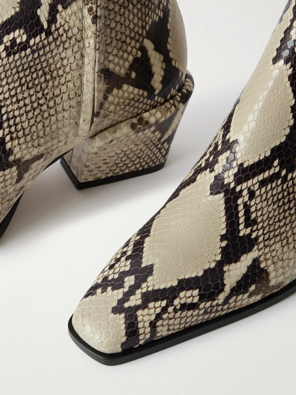 Close-up detail of the Paris Texas Bettina 50 Snake-effect Leather Ankle Boots