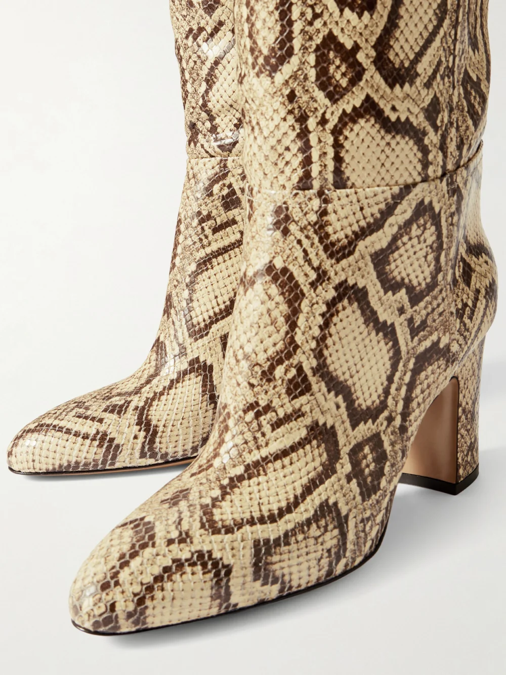 Close-up detail of the Paris Texas Lavinia Snake-effect Leather Knee-boots