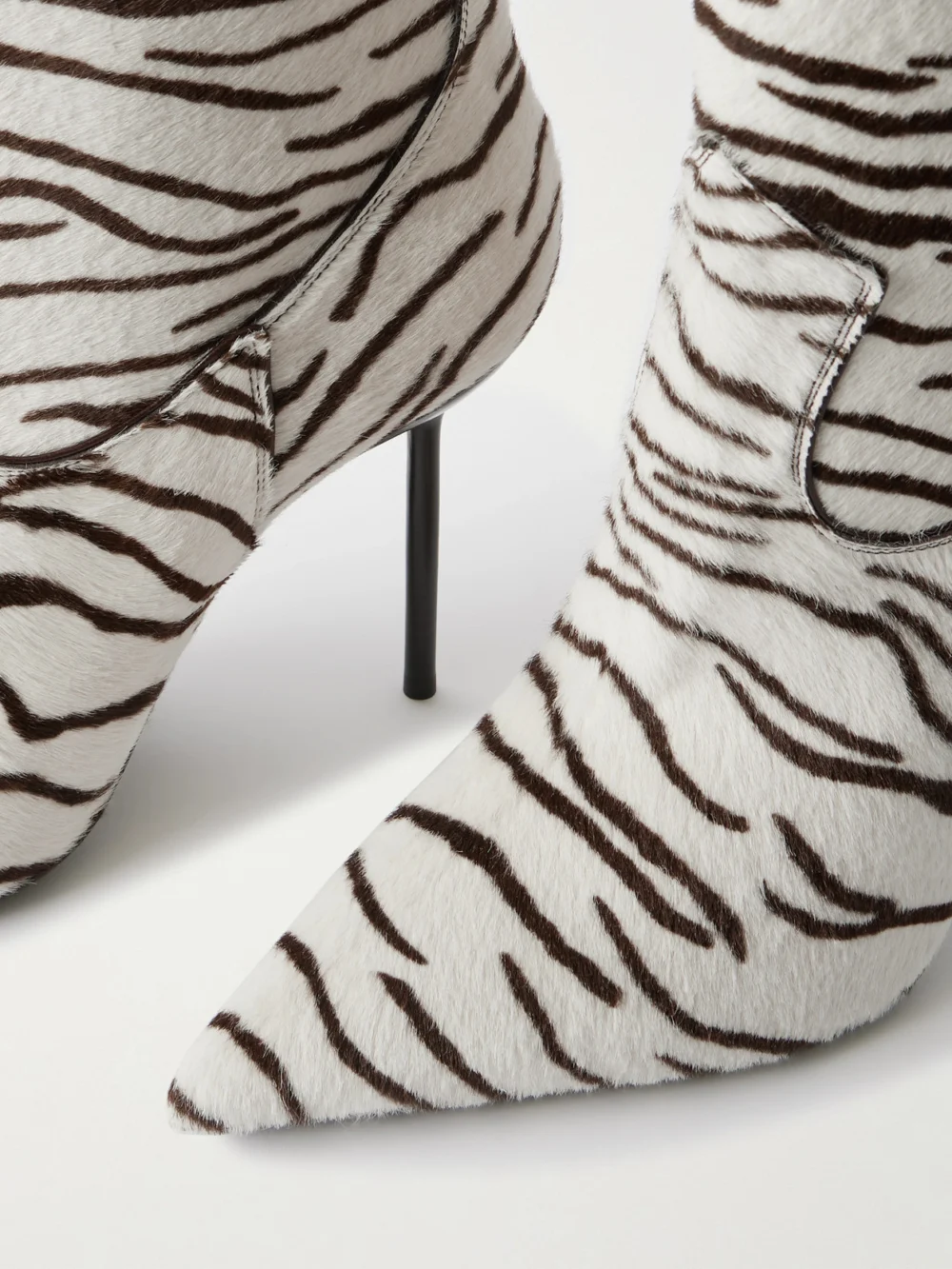Close-up detail of the Paris Texas Lidia Zebra-print Calf Hair Ankle Boots