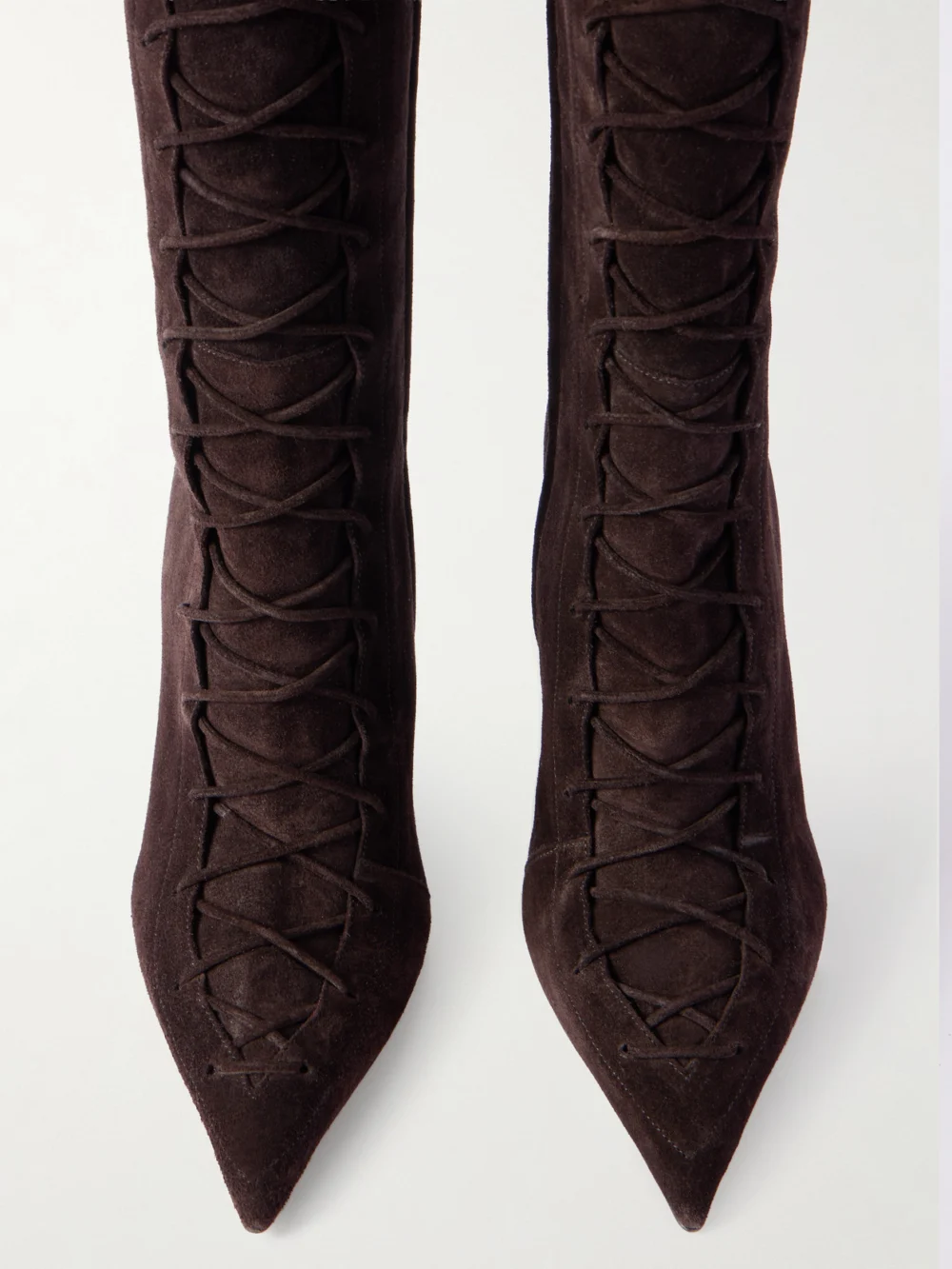 Close-up detail of the Paris Texas Nina Suede Lace-up Wedge Knee Boots