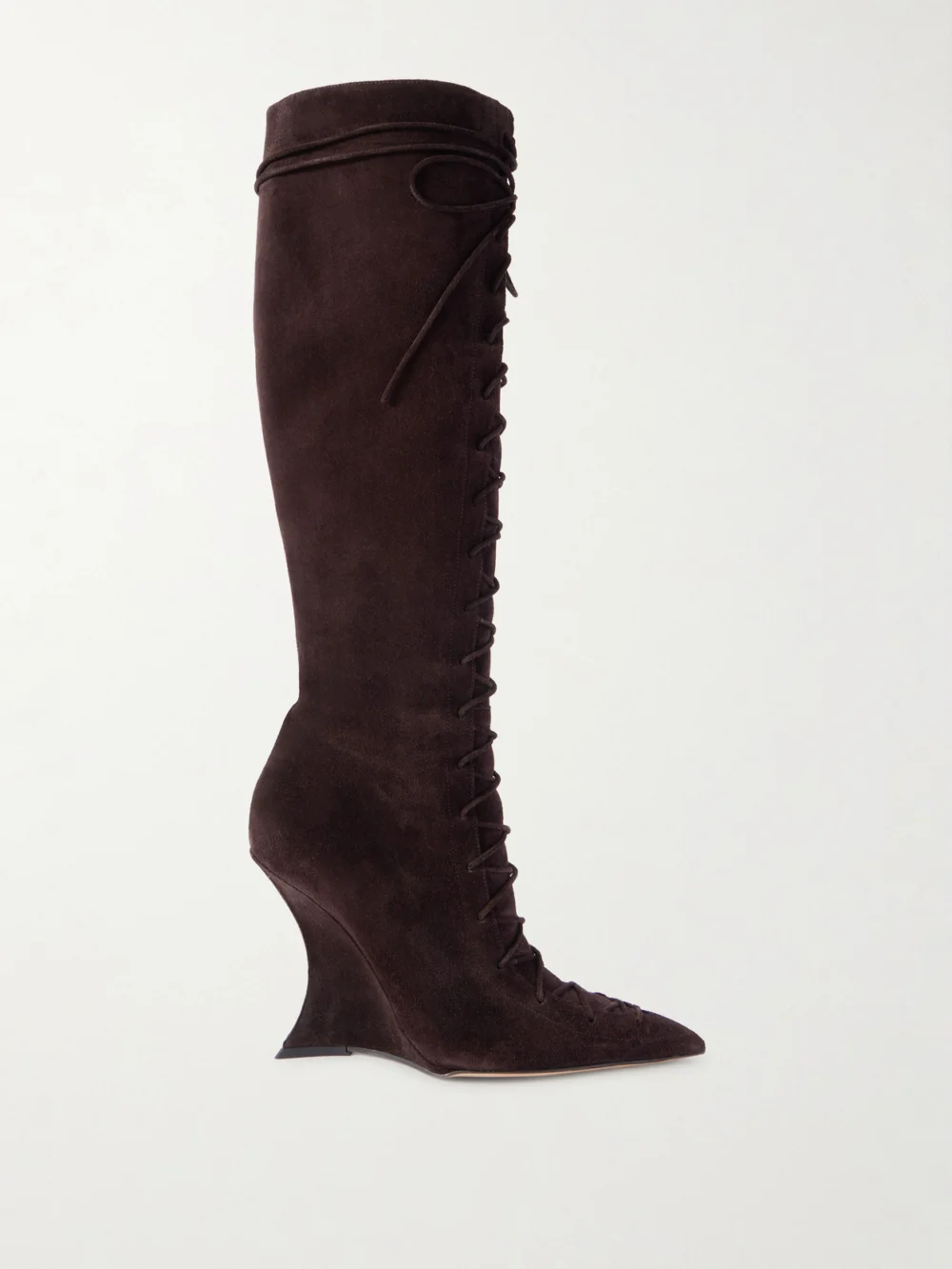 Paris Texas Nina Suede Lace-up Wedge Knee Boots in dark brown