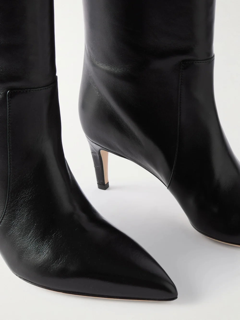 Close-up detail of the Paris Texas Stiletto 60 Croc-effect Trimmed Leather Knee Boots