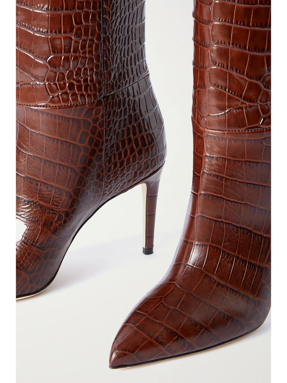 Close-up detail of the Paris Texas Stiletto 85 Croc-effect Leather Knee Boots
