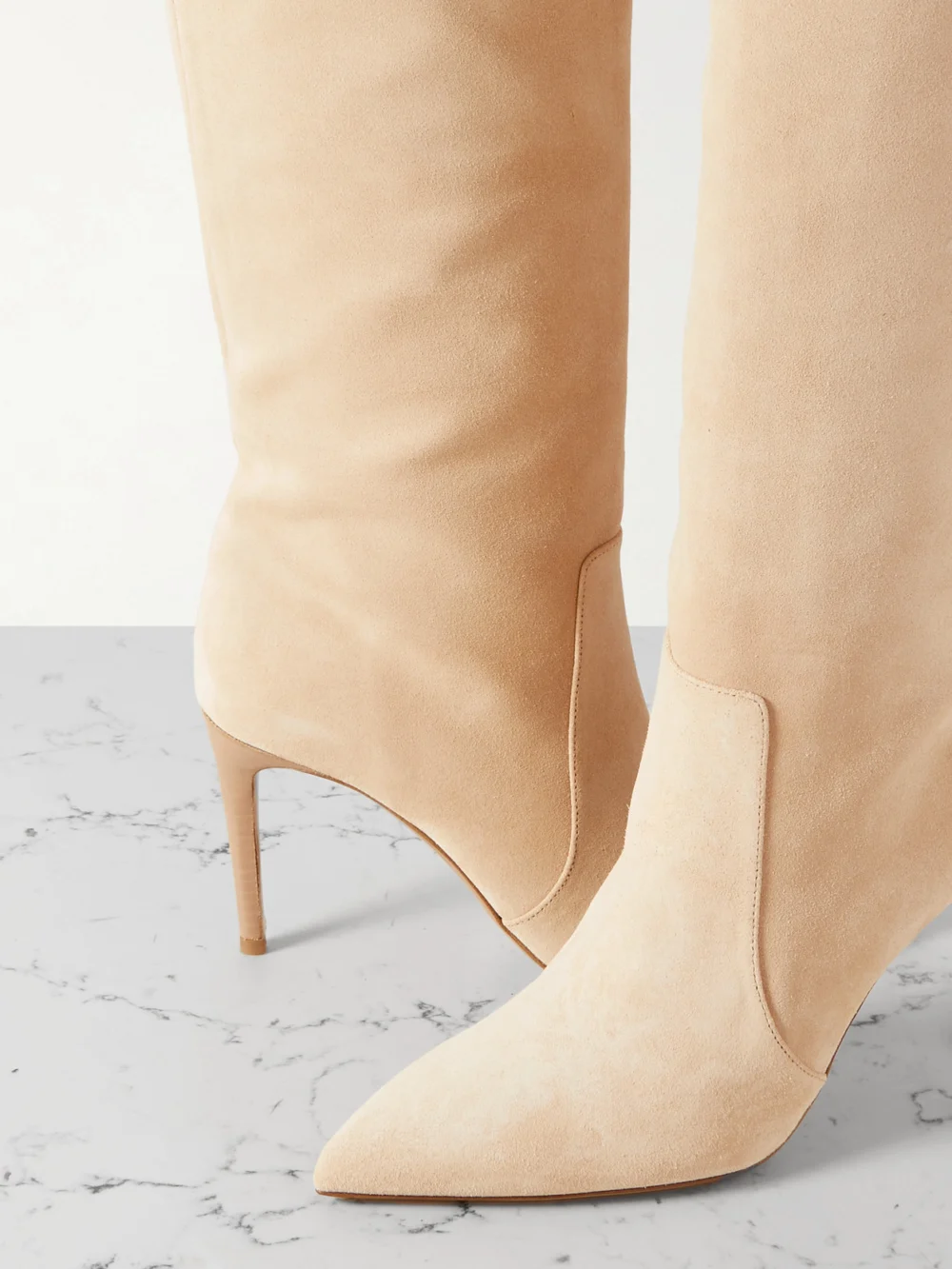 Close-up detail of the Paris Texas Stiletto Suede Knee Boots