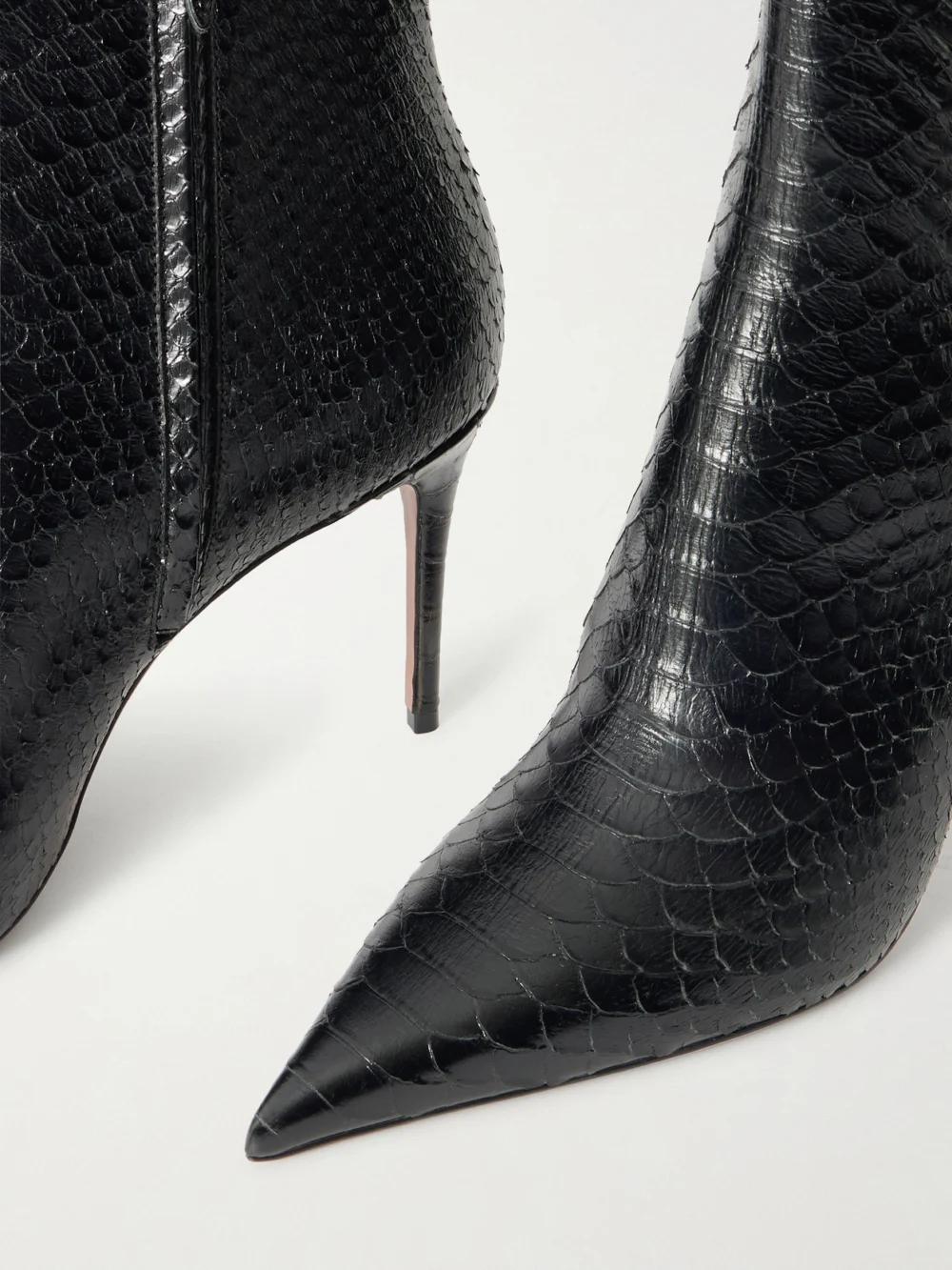 Close-up detail of the Paris Texas Vera 85 Snake-effect Leather Ankle Boots