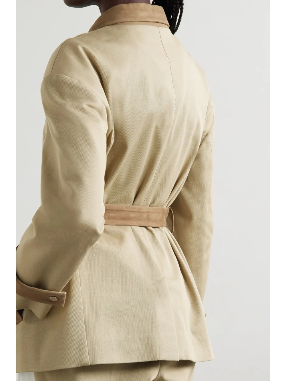 Back view of the Partow Brahm Belted Paneled Nubuck and Cotton-twill Jacket