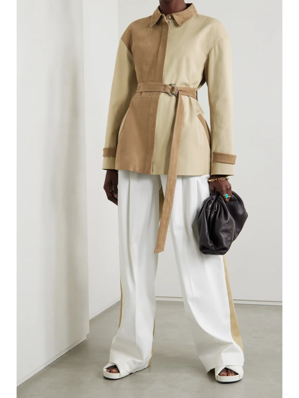 Partow Brahm Belted Paneled Nubuck and Cotton-twill Jacket, worn by a model