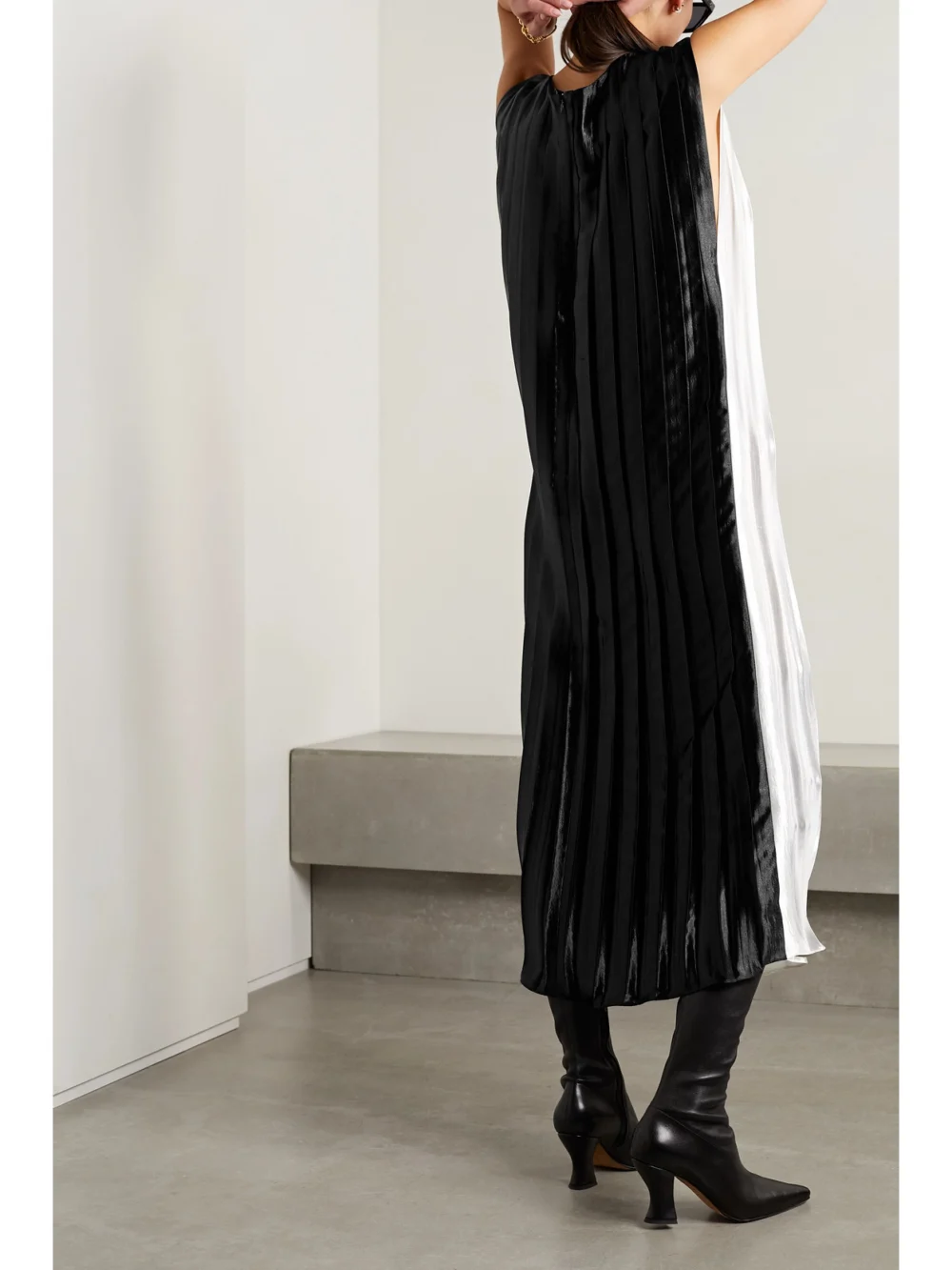 Back view of the Partow Colette Two-tone Pleated Hammered-satin Midi Dress