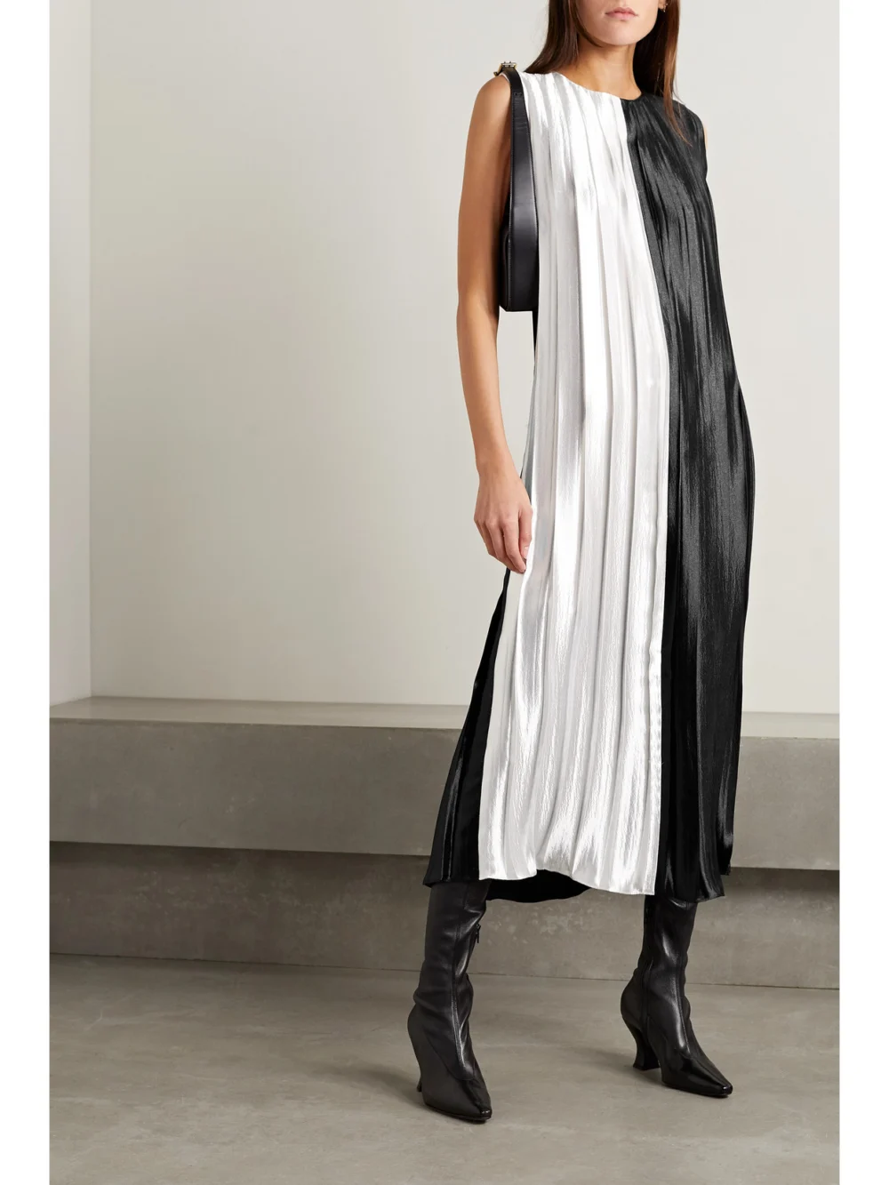 Partow Colette Two-tone Pleated Hammered-satin Midi Dress, worn by a model
