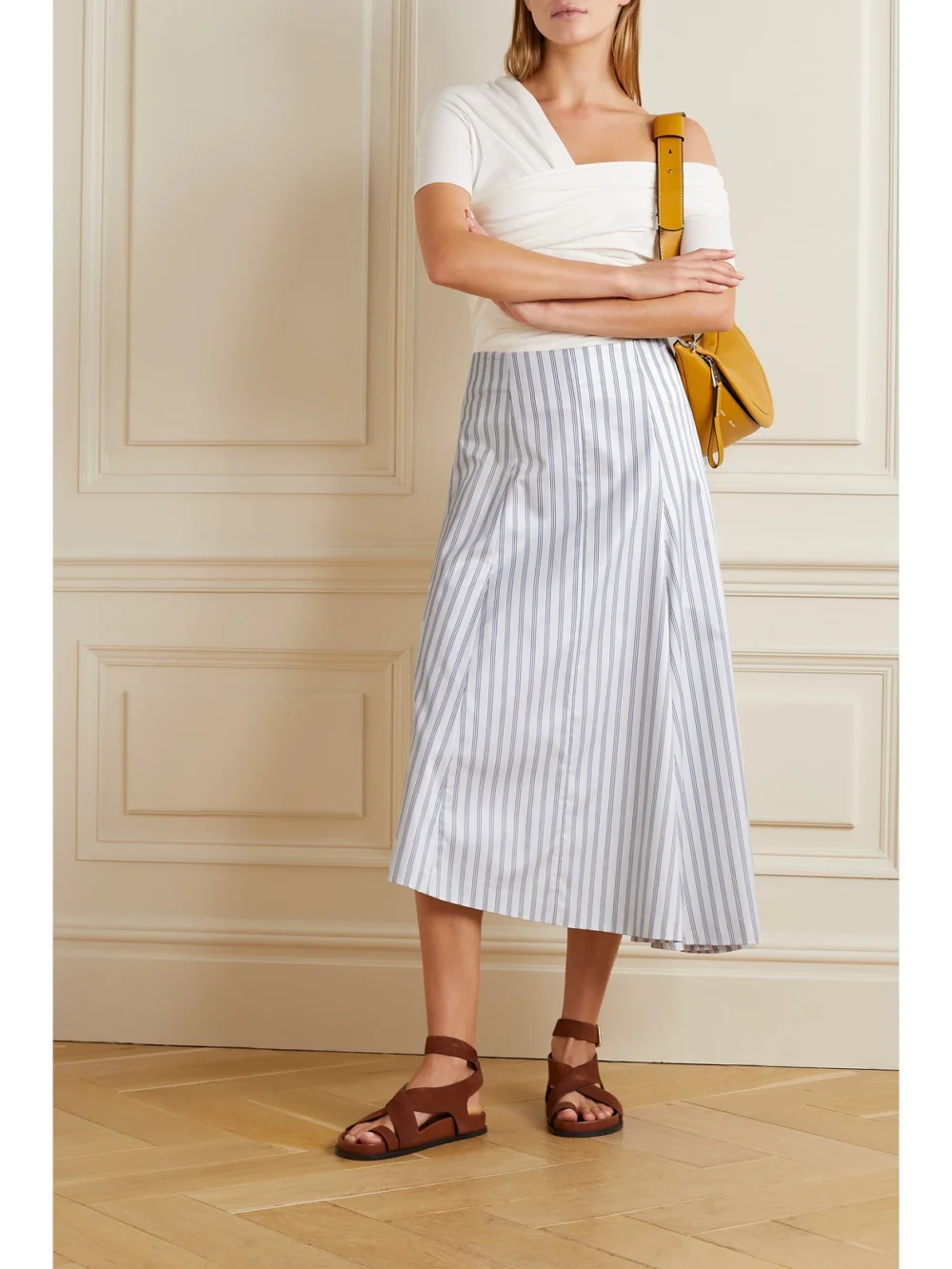 Partow Ivy Asymmetric Striped Cotton-twill Midi Skirt, worn by a model