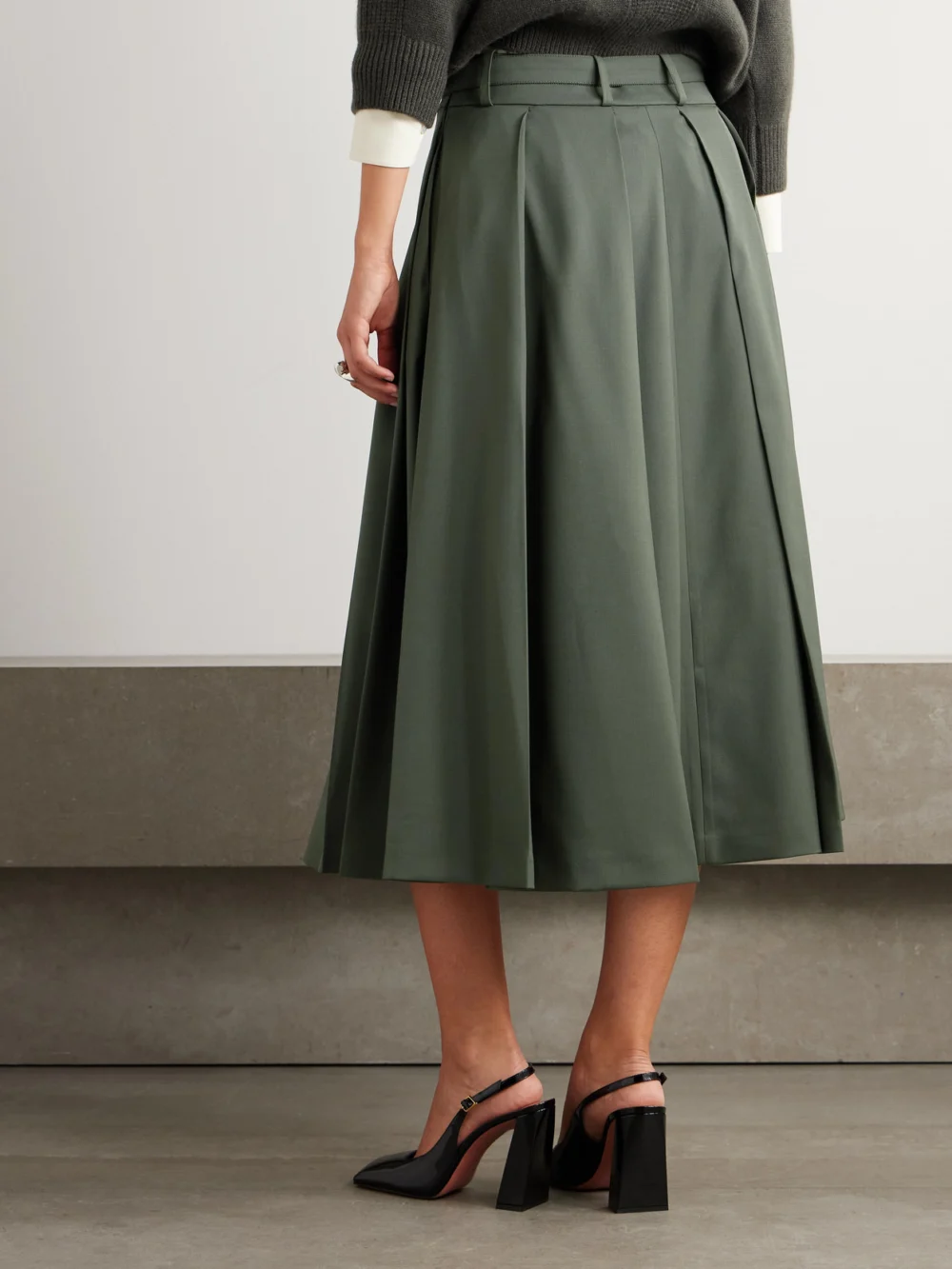 Back view of the Patou Belted Pleated Stretch-wool Twill Midi Skirt