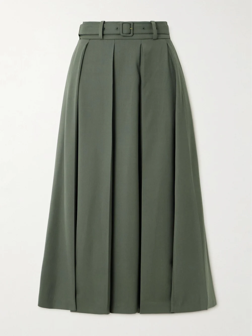 Patou Belted Pleated Stretch-wool Twill Midi Skirt in green