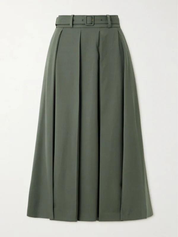 Patou Belted Pleated Stretch-wool Twill Midi Skirt