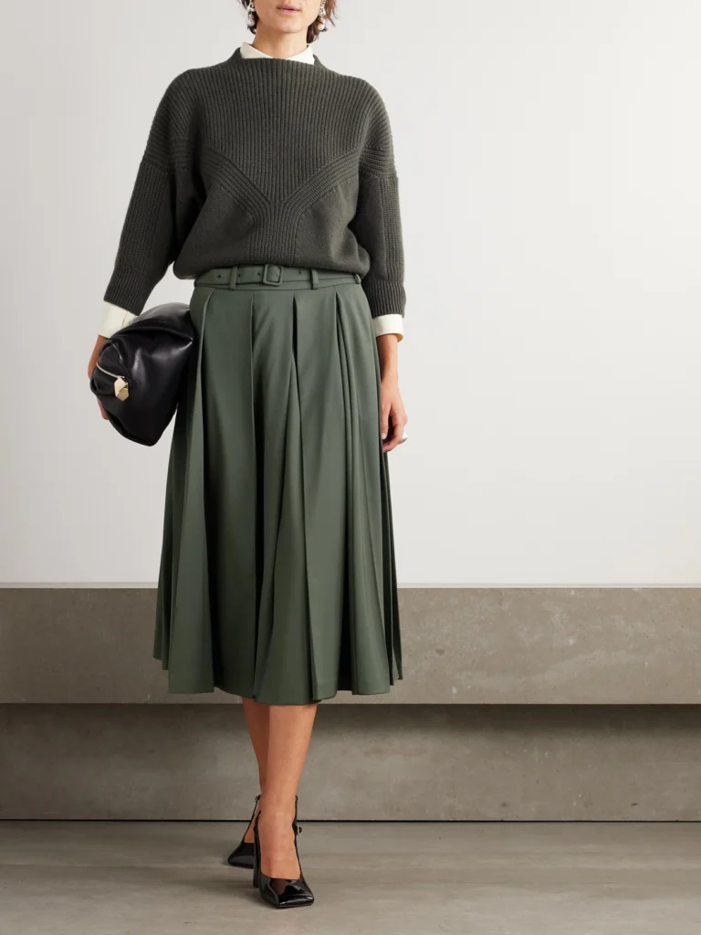Patou Belted Pleated Stretch-wool Twill Midi Skirt