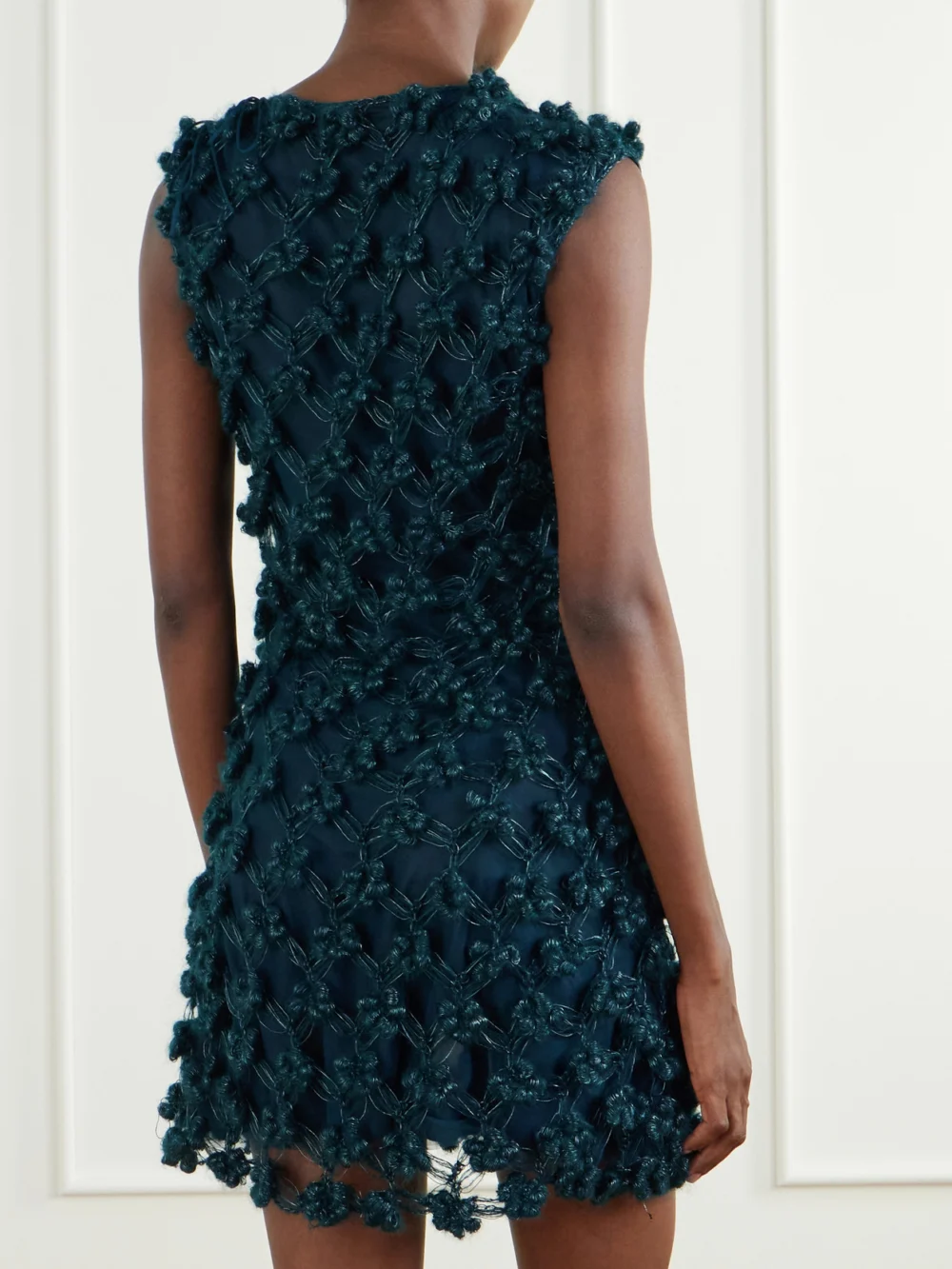 Back view of the Pauline Dujancourt Amber Layered Floral-appliquéd Crochet and Organza Mini Dress