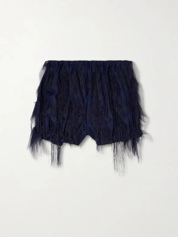Pauline Dujancourt Argyle Fringed Lace and Crochet-trimmed Tulle Shorts