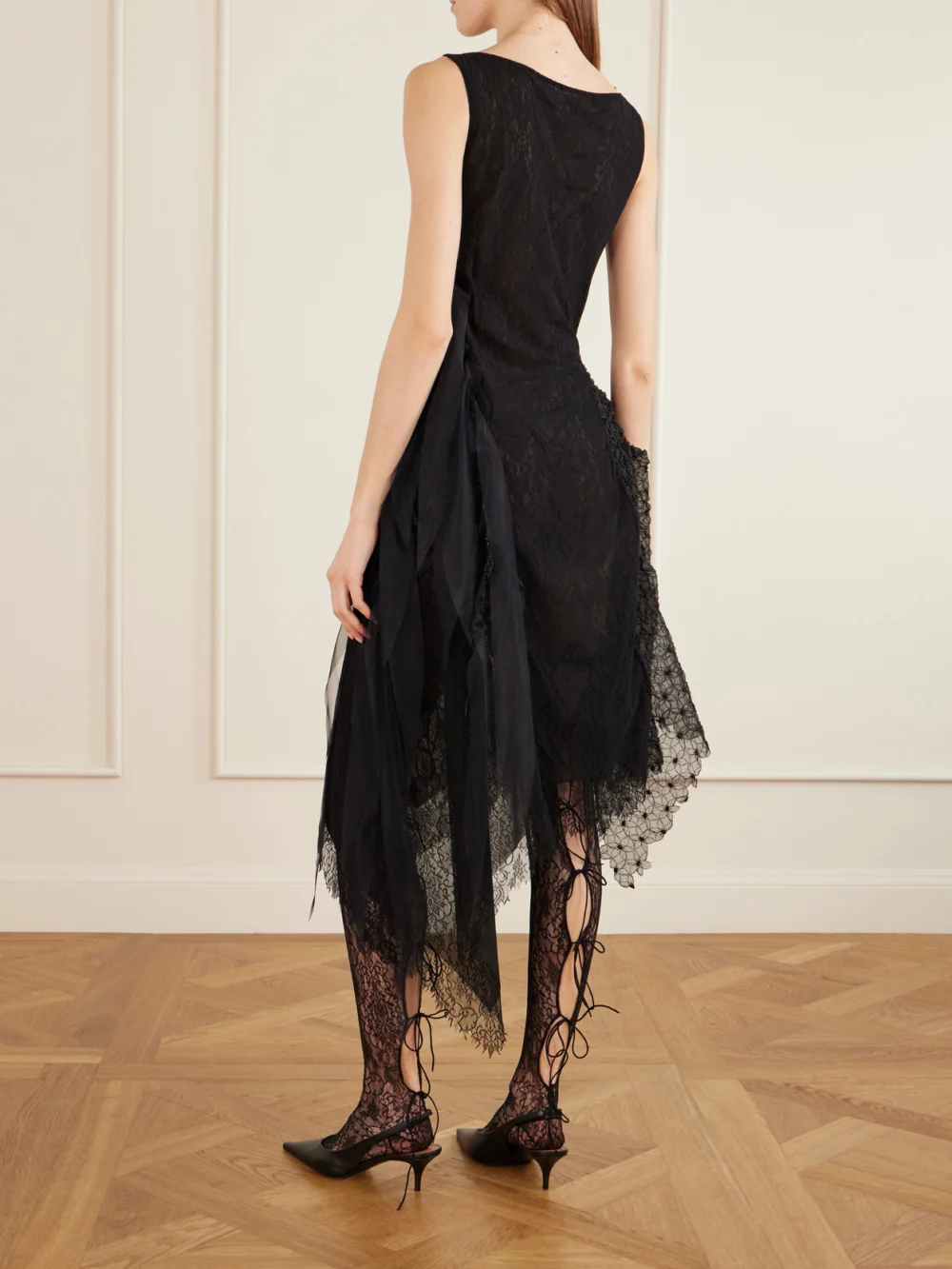 Back view of the Pauline Dujancourt Bird Organza-trimmed Embroidered Lace Midi Dress