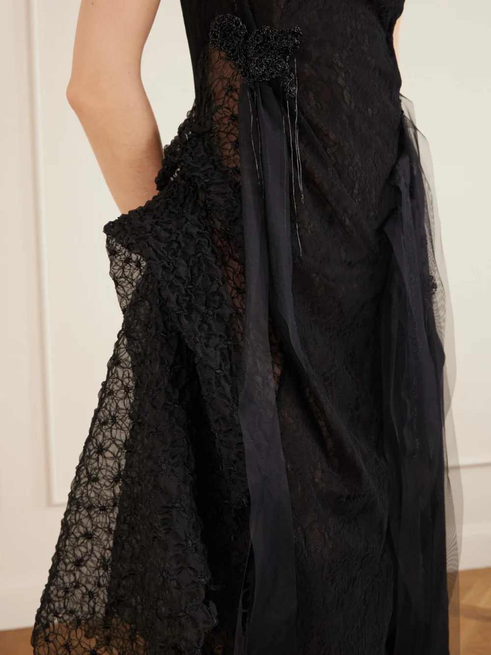 Close-up detail of the Pauline Dujancourt Bird Organza-trimmed Embroidered Lace Midi Dress