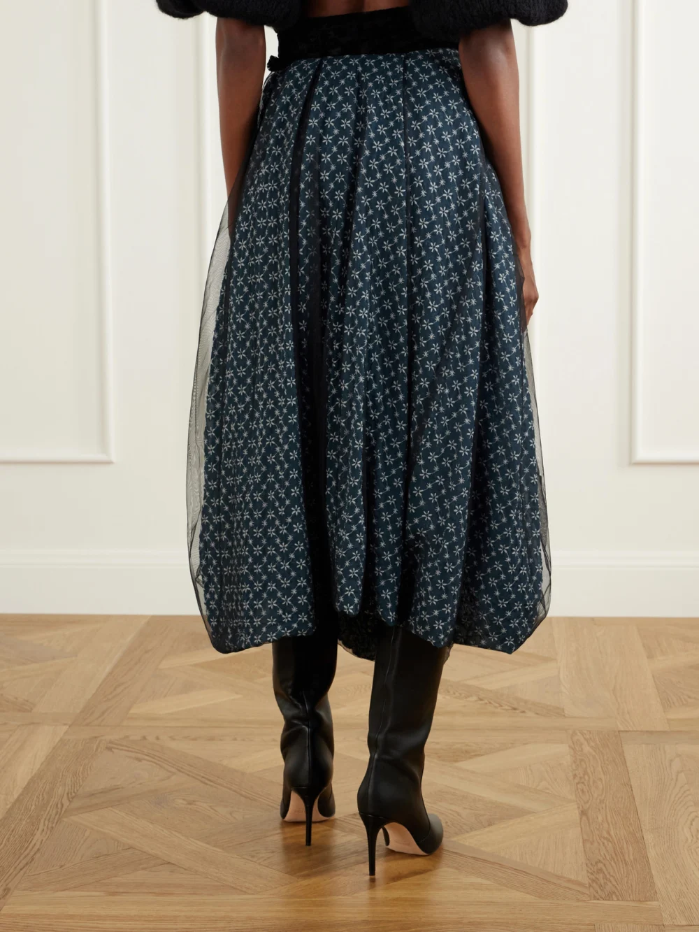 Back view of the Pauline Dujancourt Eli Asymmetric Embroidered-chiffon Midi Skirt