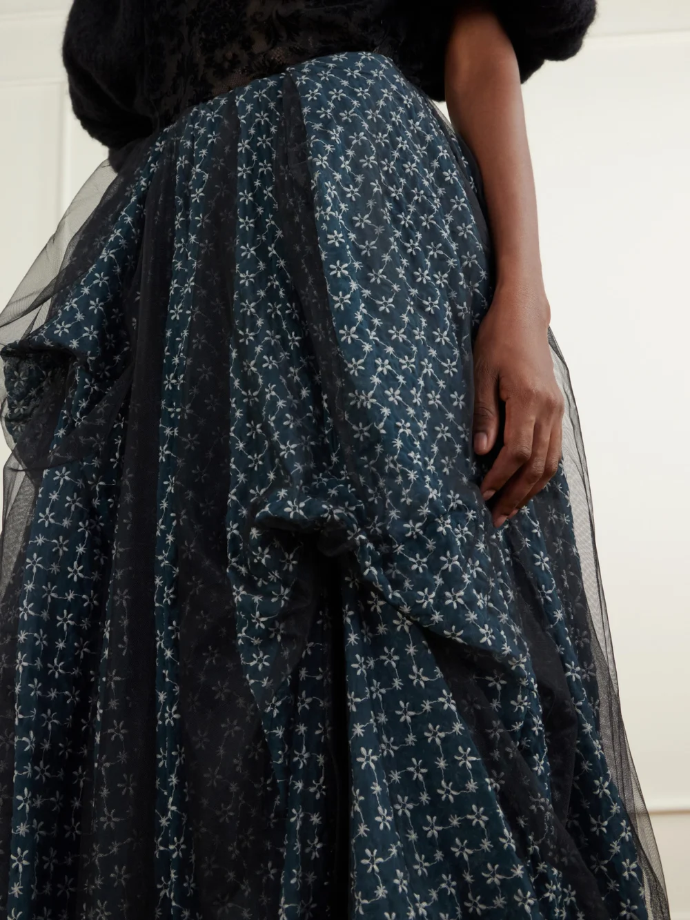 Close-up detail of the Pauline Dujancourt Eli Asymmetric Embroidered-chiffon Midi Skirt