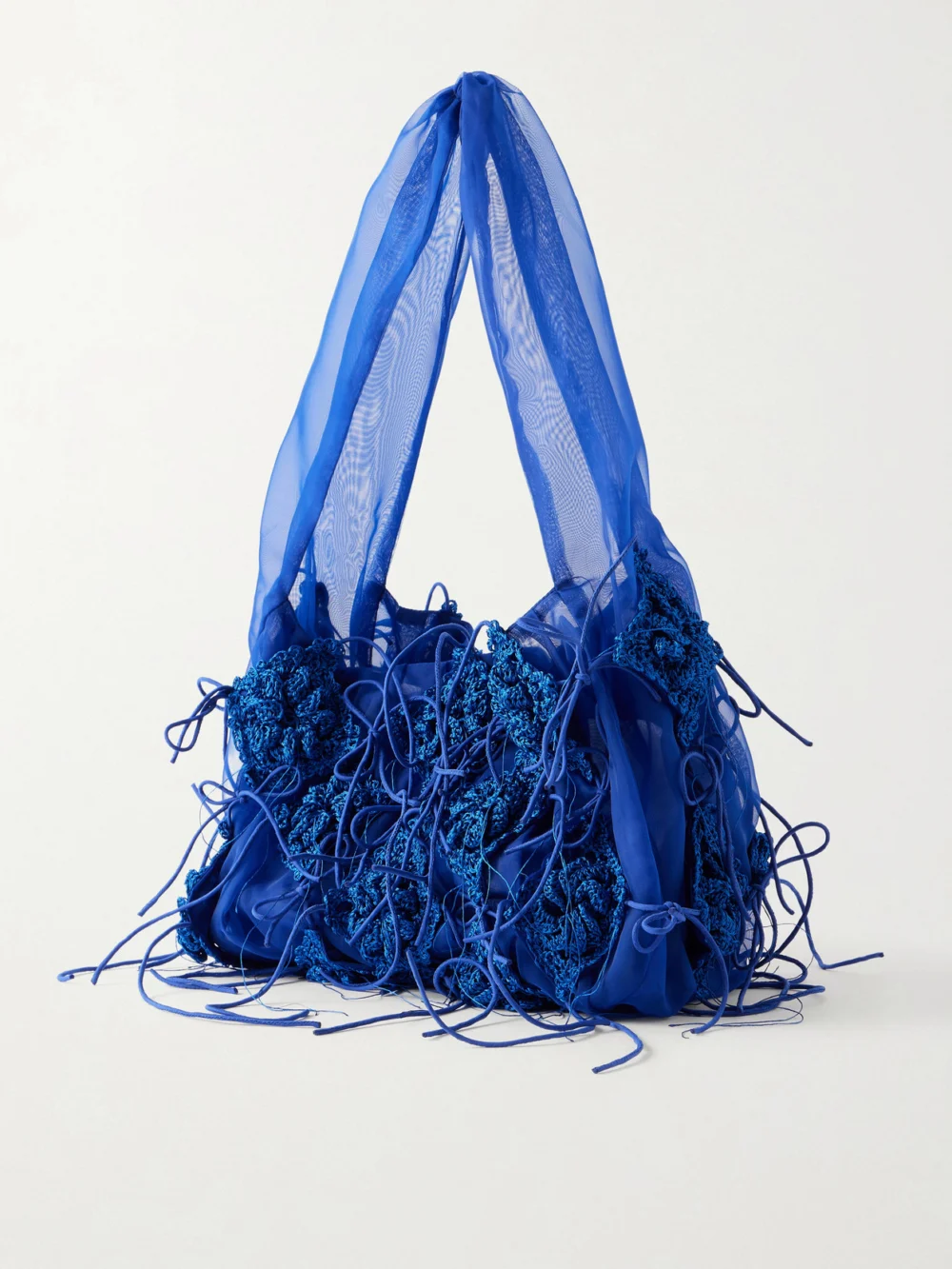 Back view of the Pauline Dujancourt Fringed Crochet and Lace-trimmed Organza Shoulder Bag