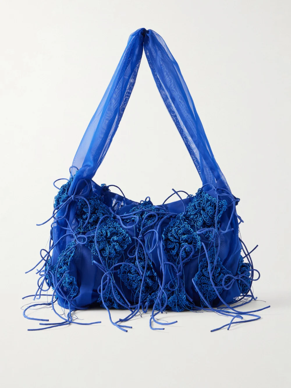 Pauline Dujancourt Fringed Crochet and Lace-trimmed Organza Shoulder Bag in royal blue