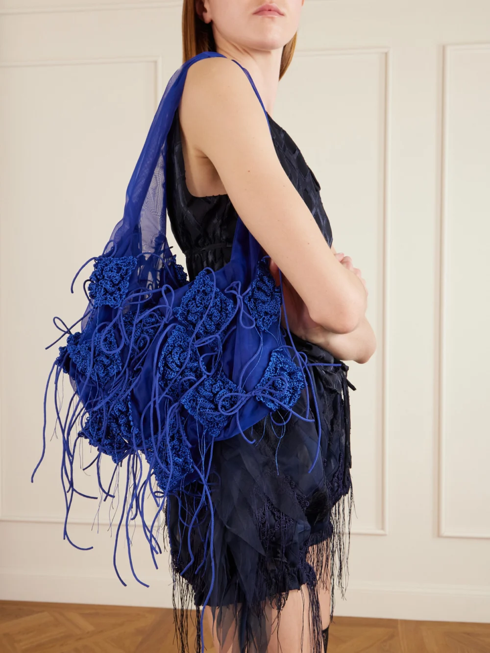 Pauline Dujancourt Fringed Crochet and Lace-trimmed Organza Shoulder Bag, styled view