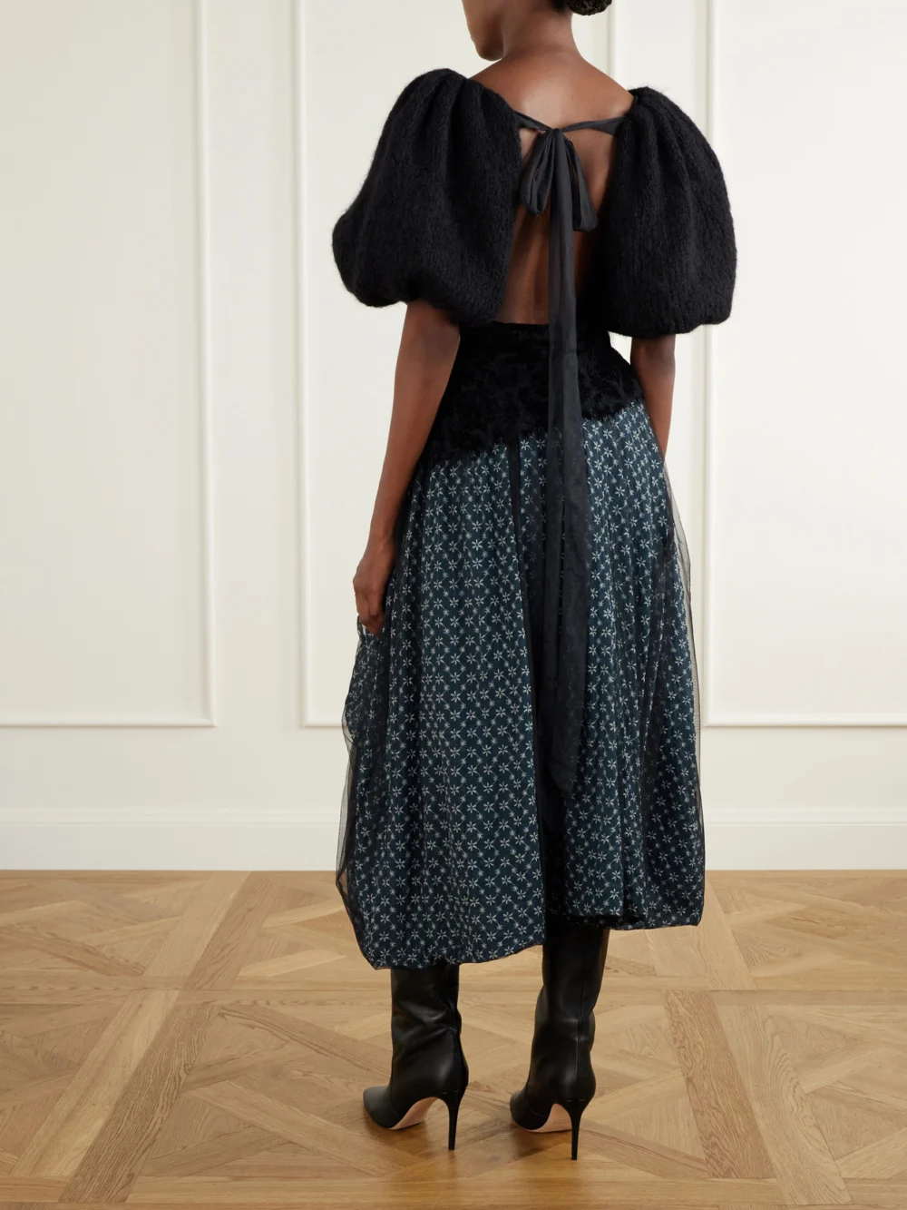 Back view of the Pauline Dujancourt Laia Lace-trimmed Knitted Blouse