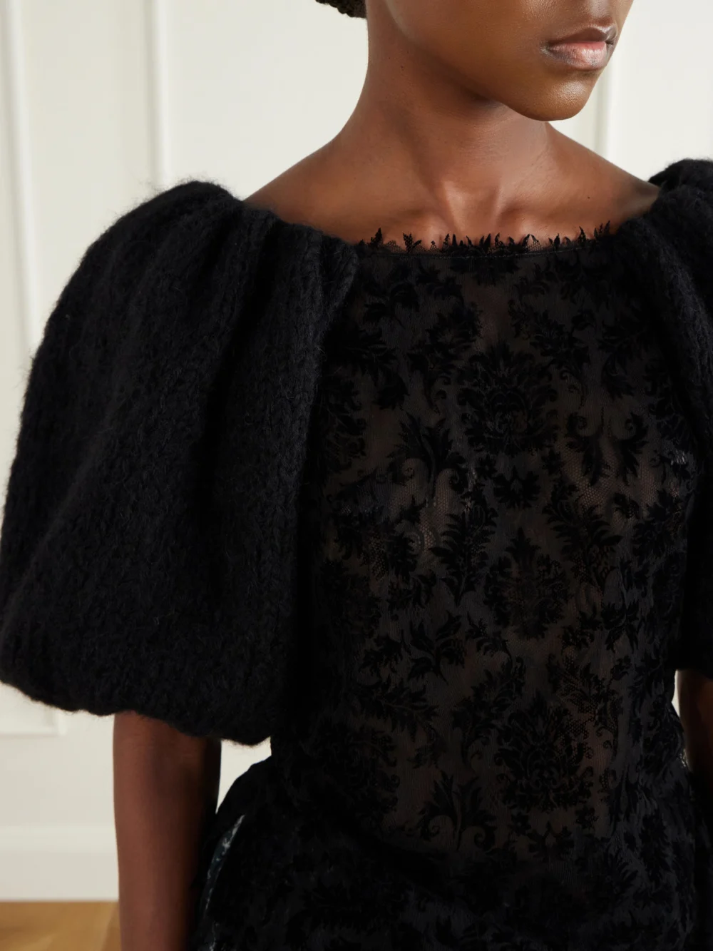 Close-up detail of the Pauline Dujancourt Laia Lace-trimmed Knitted Blouse