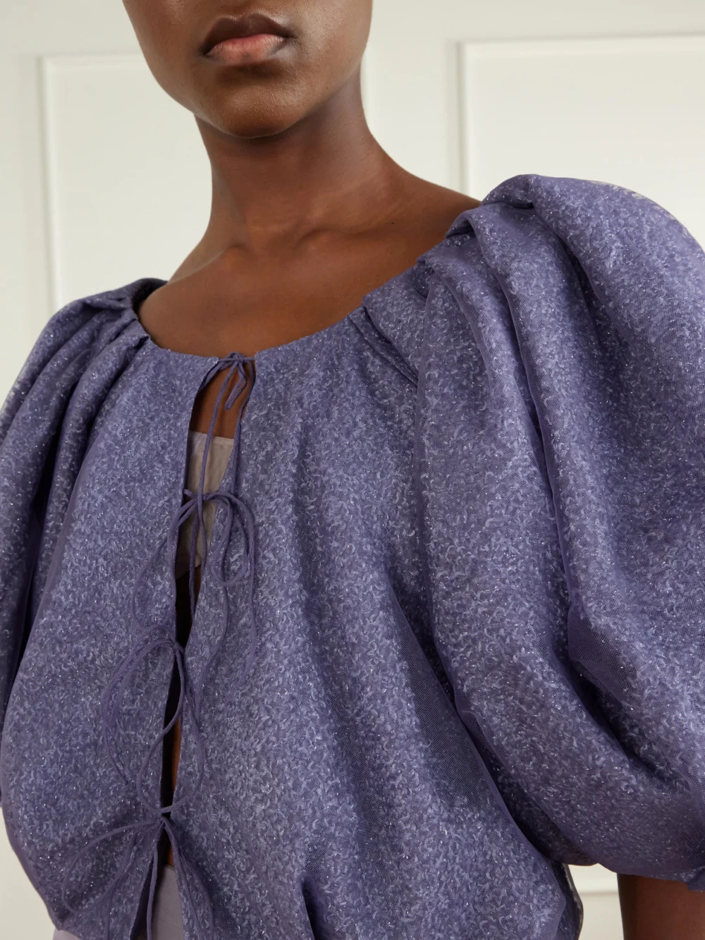 Close-up detail of the Pauline Dujancourt Lauren Printed Tulle Jacket